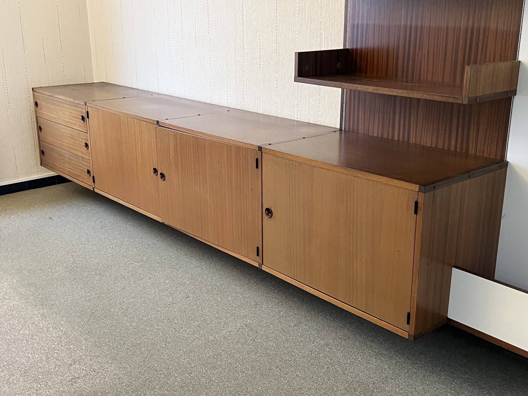 Modular Wall System in Wood Veneer, White Laminate, Glass and