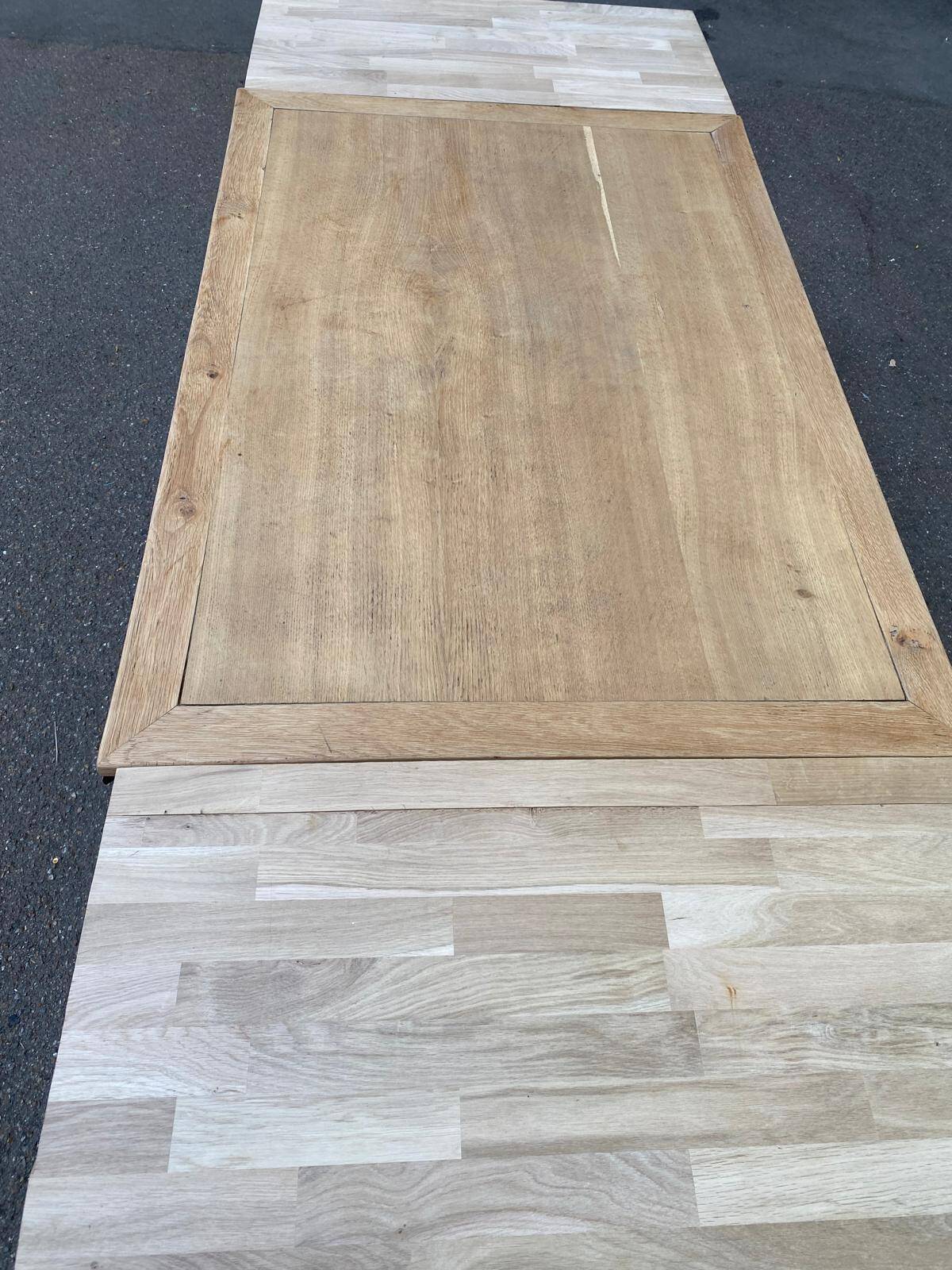 Extensible farmhouse dining table stripped in raw solid oak 1950