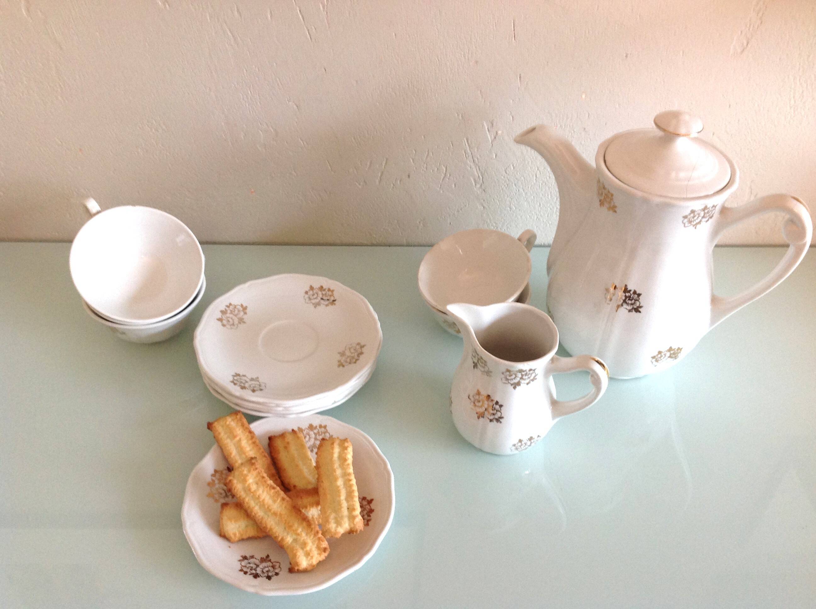 White porcelain coffee service with golden flowers / vintage 50s-60s