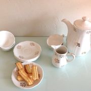 White porcelain coffee service with golden flowers / vintage 50s-60s