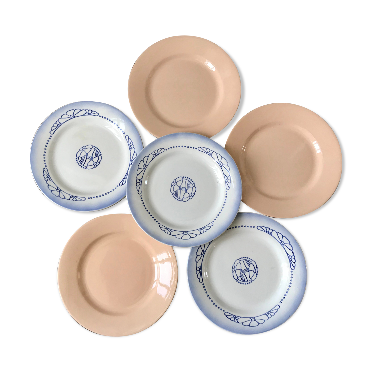 Lot de 6 assiettes plates dépareillées Digoin Sarreguemines  "Arroux" et rose poudré années 30-40