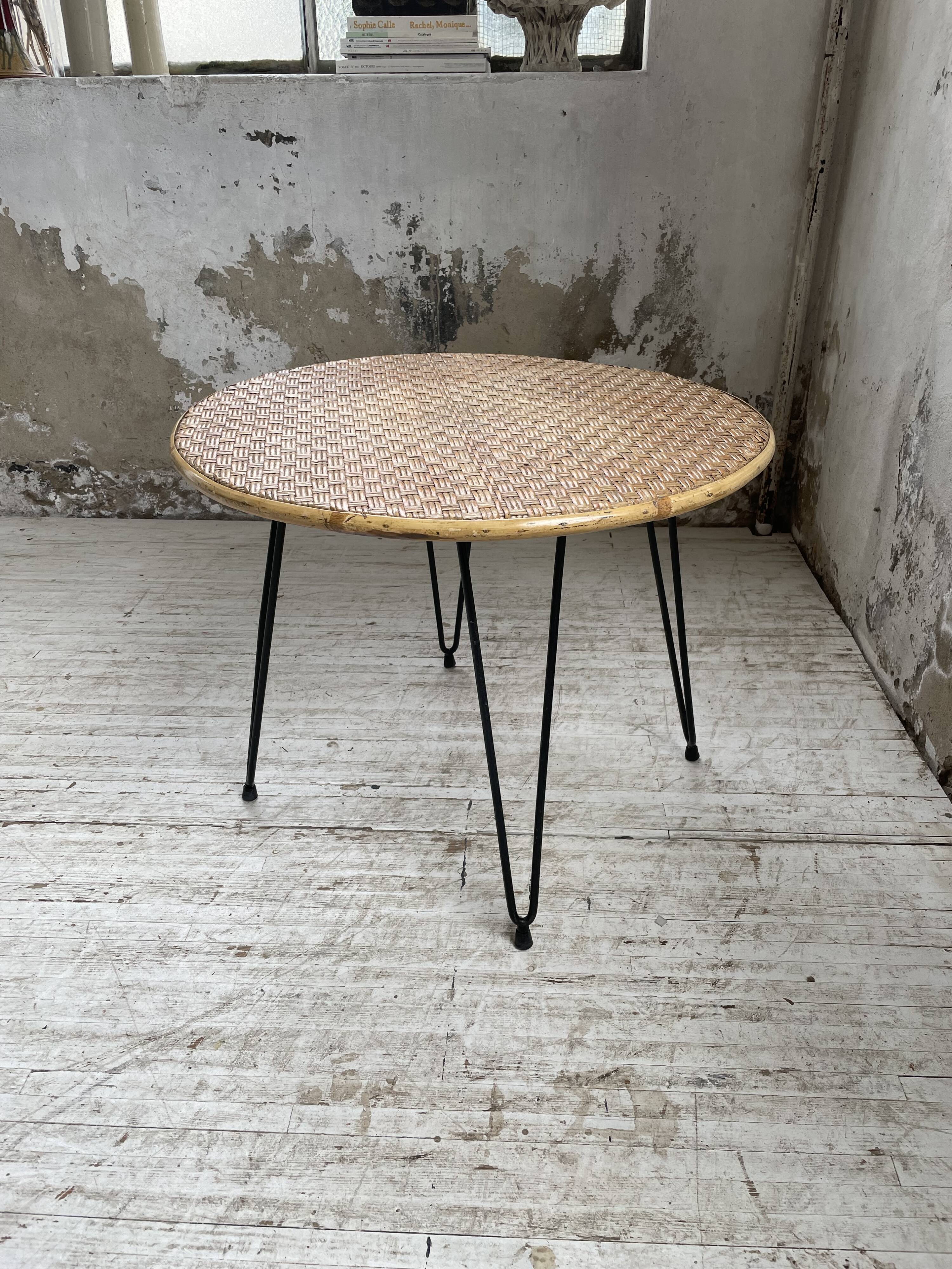 Wicker and metal coffee table from the 1950s