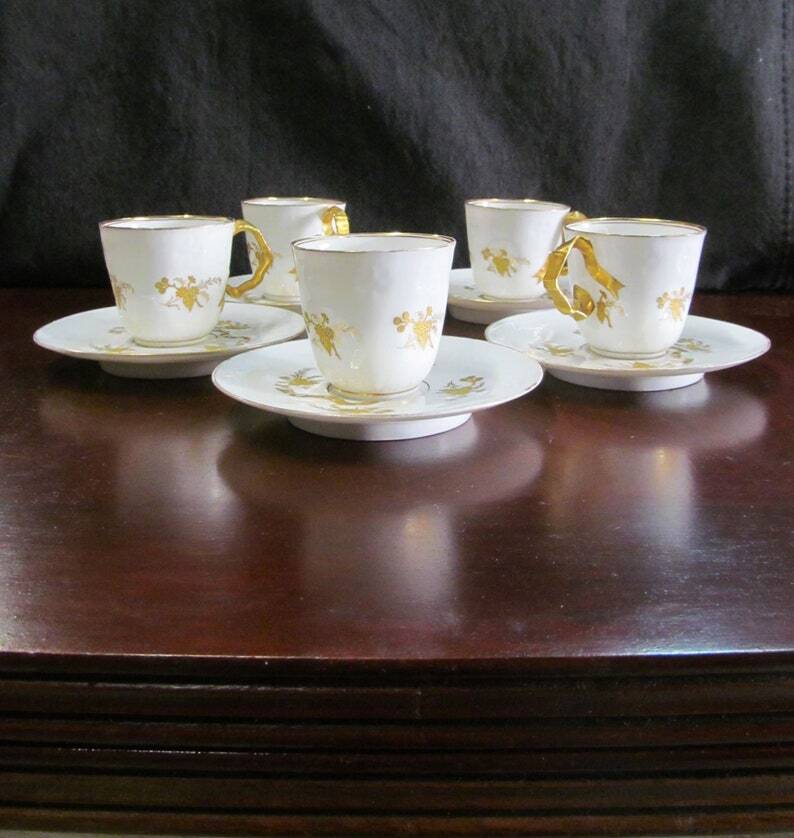 5 X Antique Limoges Porcelain Coffee Cups pairs Gold Ribbon Handle, 1890s