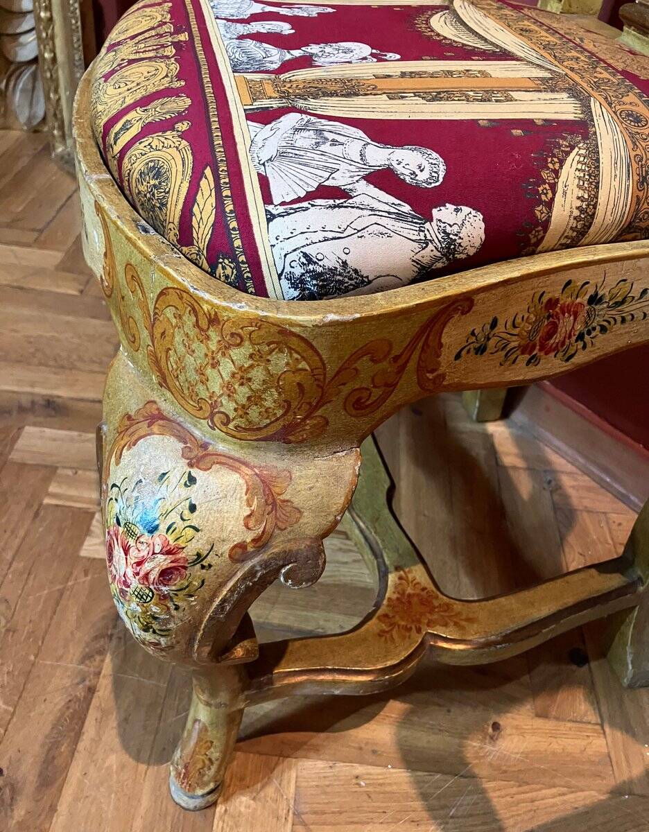 Venetian Lacquered Rococo-Style Armchairs with Hand-Painted Floral Décor and Theater-Inspired Upholstery, Set of 2