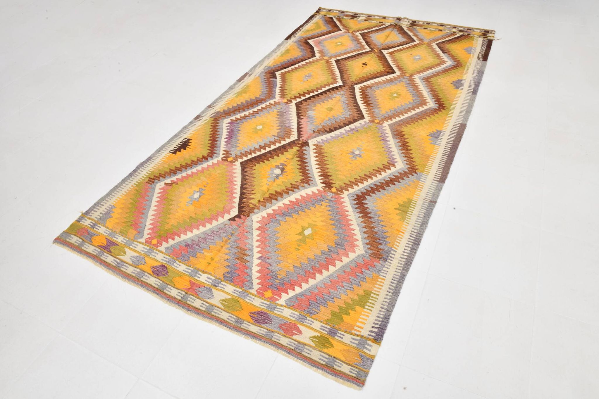 Fade Yellow Long Wide  Vintage Kilim Rug,Geometric Tribal Design,152x296 Cm
