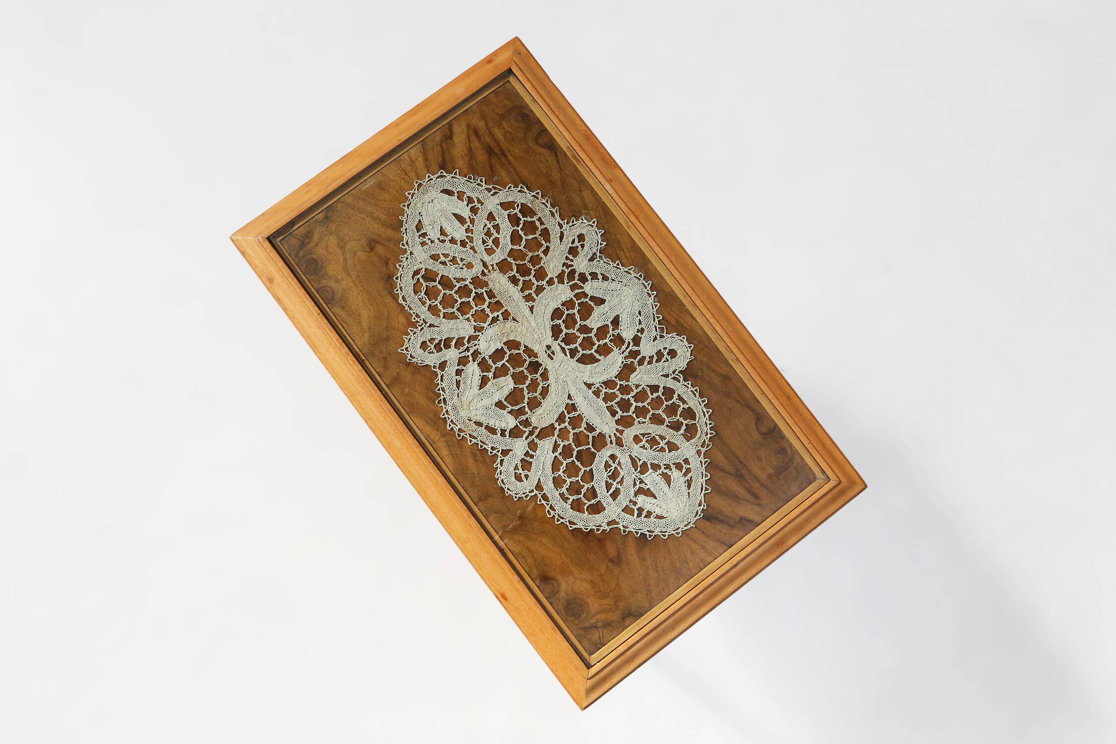 Side Table in Beech with Lace Inlay and Glass Top, France 1950s