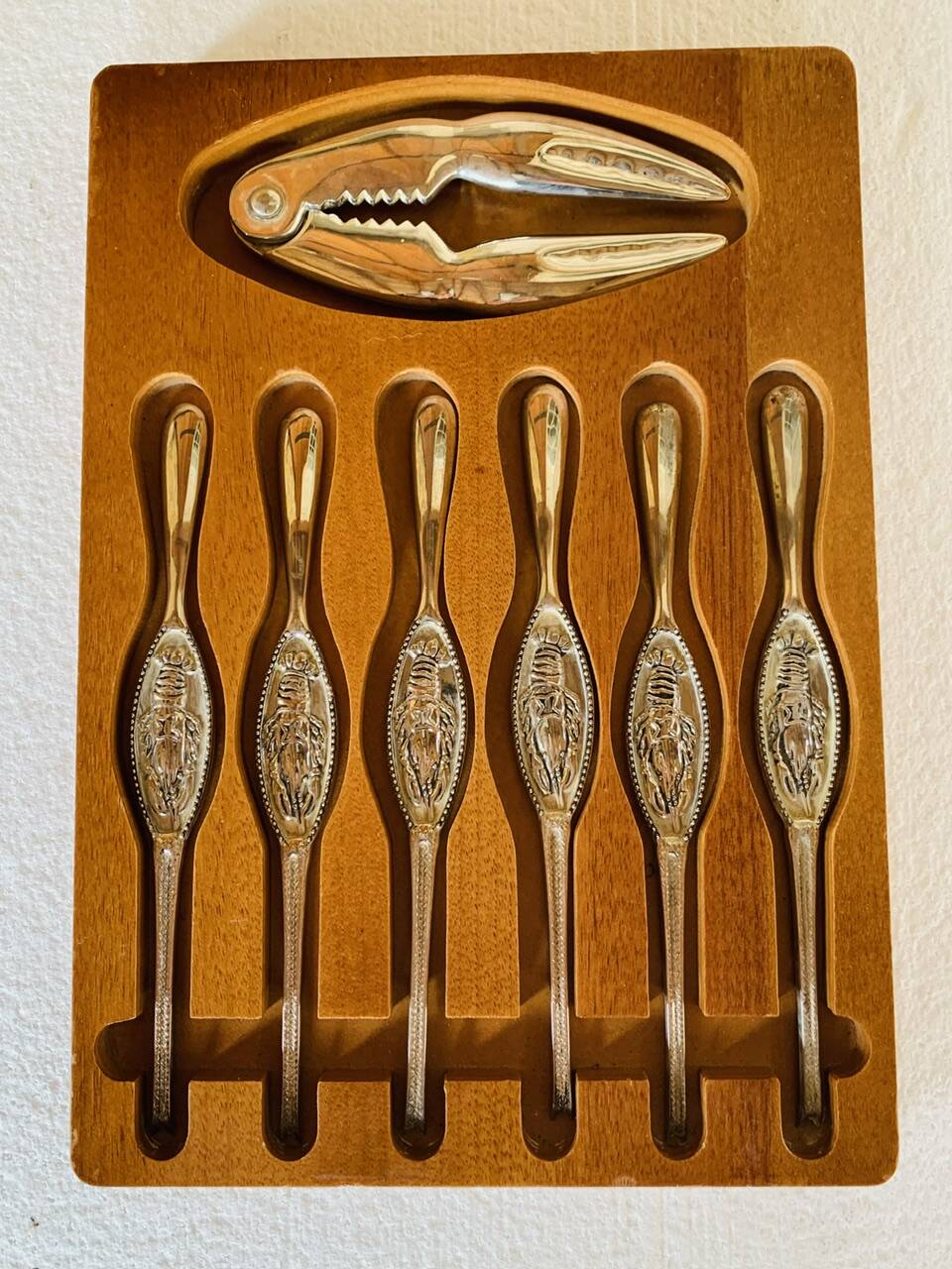 Set of 6 lobster forks and tongs, silver plated metal by Silea, circa 70