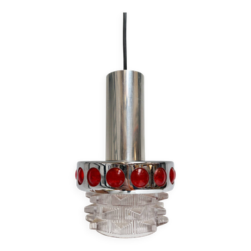 Massive chrome with red glass ceiling lamp, 1960s