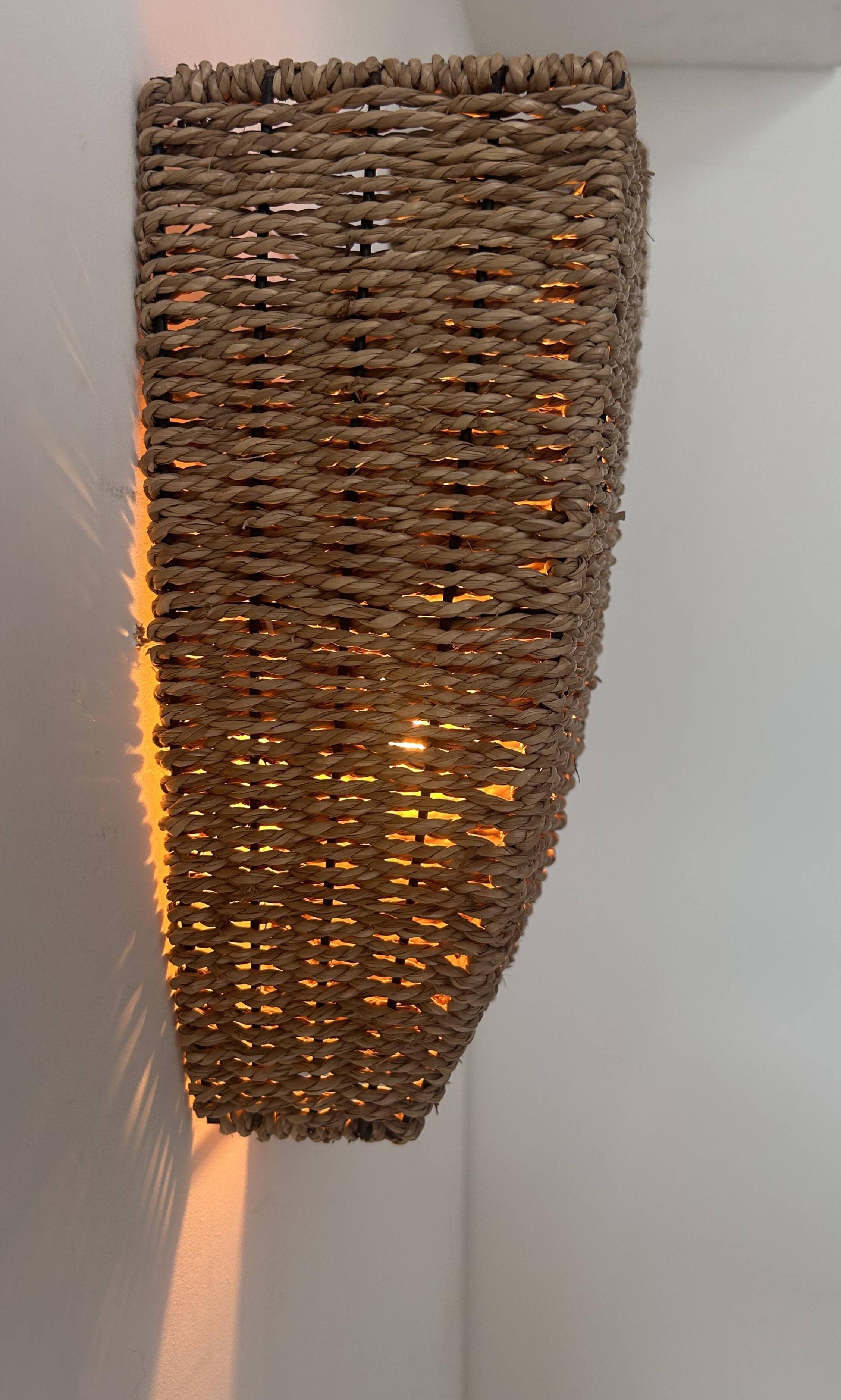 Pair of vintage wall lights, woven rattan, France 1980