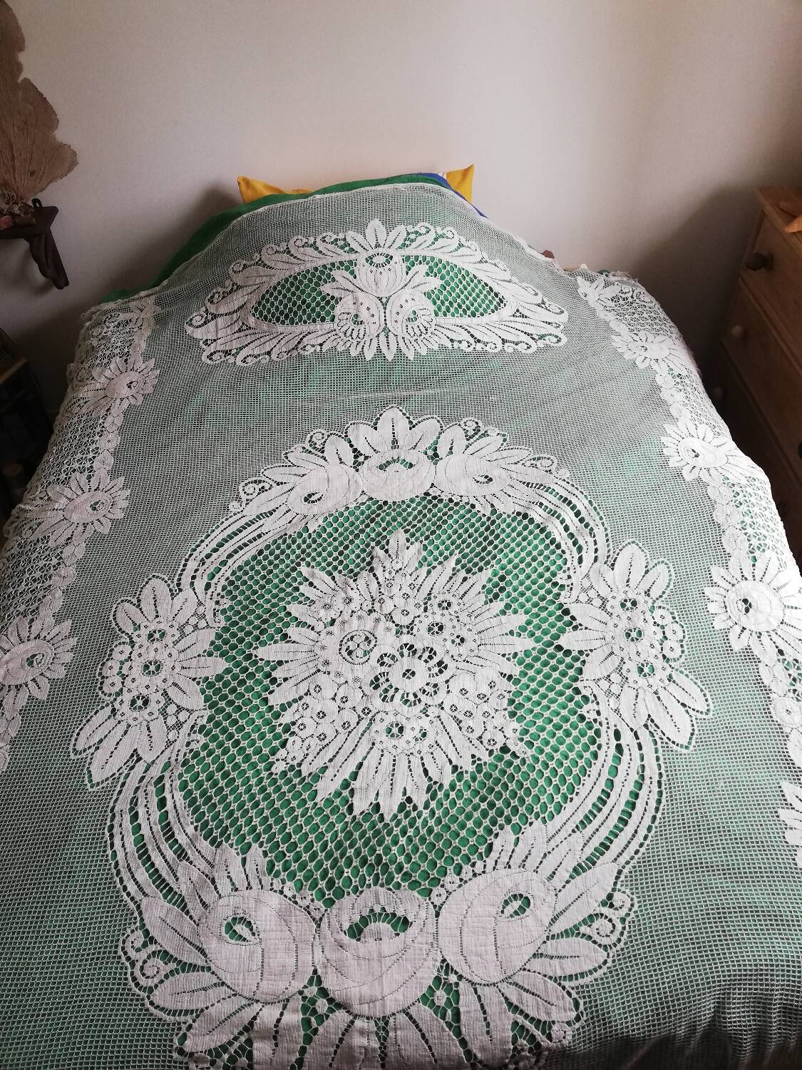 Bedspread, vintage crochet, openwork flowers, square stitches.