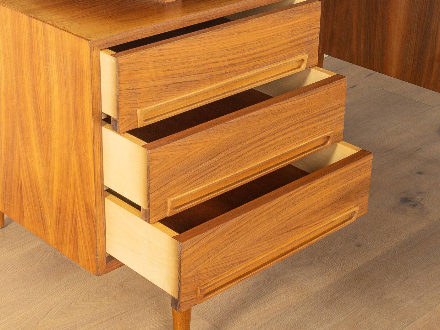 1960s walnut veneer desk with drawers and cabinet