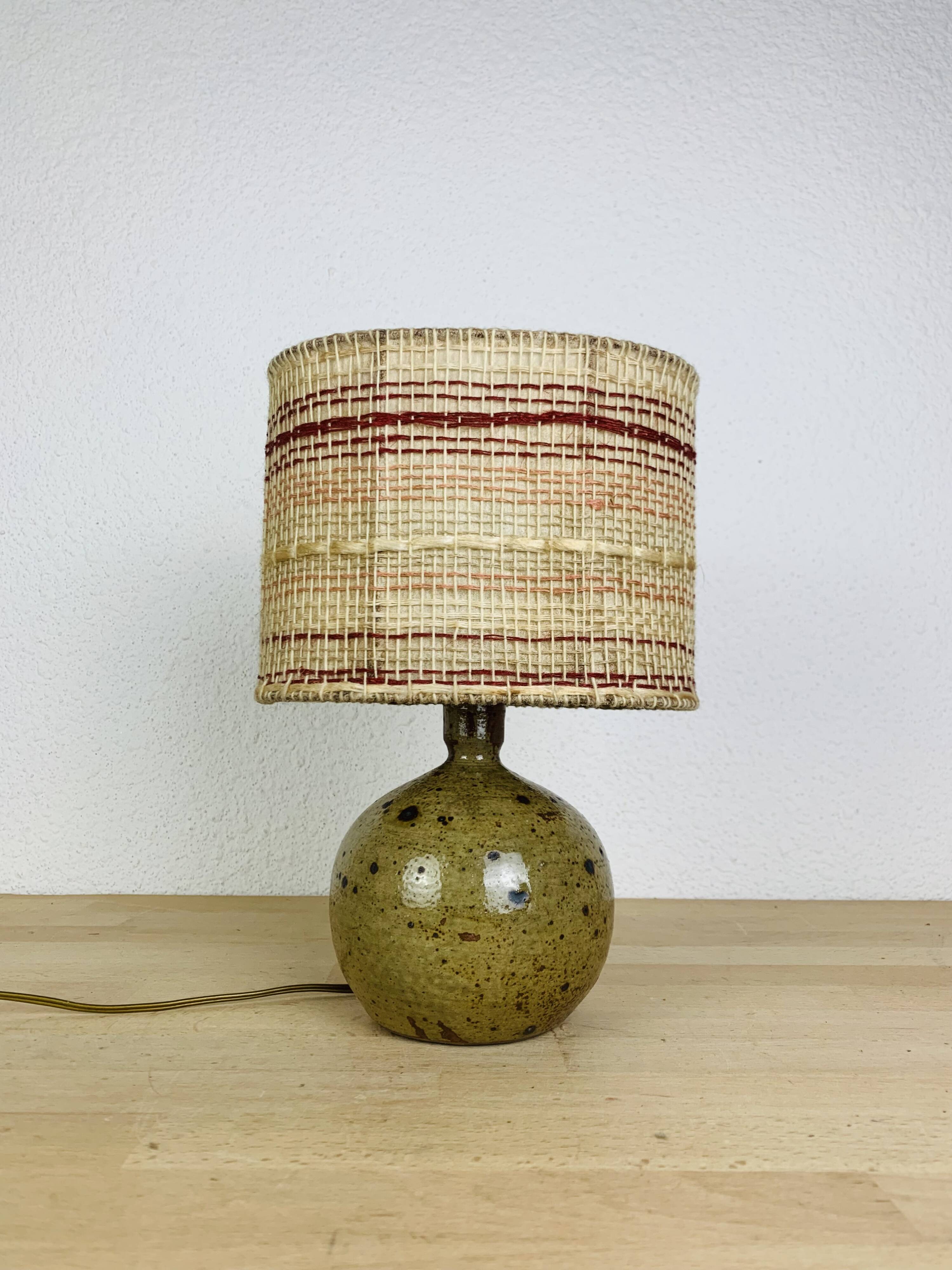 Pyrite stoneware ball lamp with vintage wool lampshade