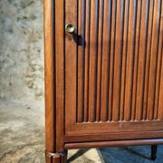 French antique bedside table in walnut with a marble top and porcelain interior, early 20th century.