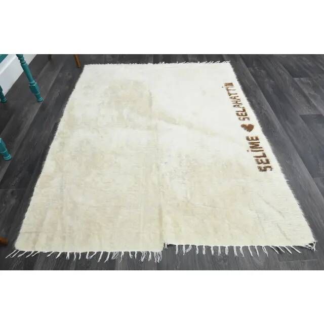 Vintage Turkish Hand-Knotted Wool Cotton Beige Kilim Area Rug 157x203