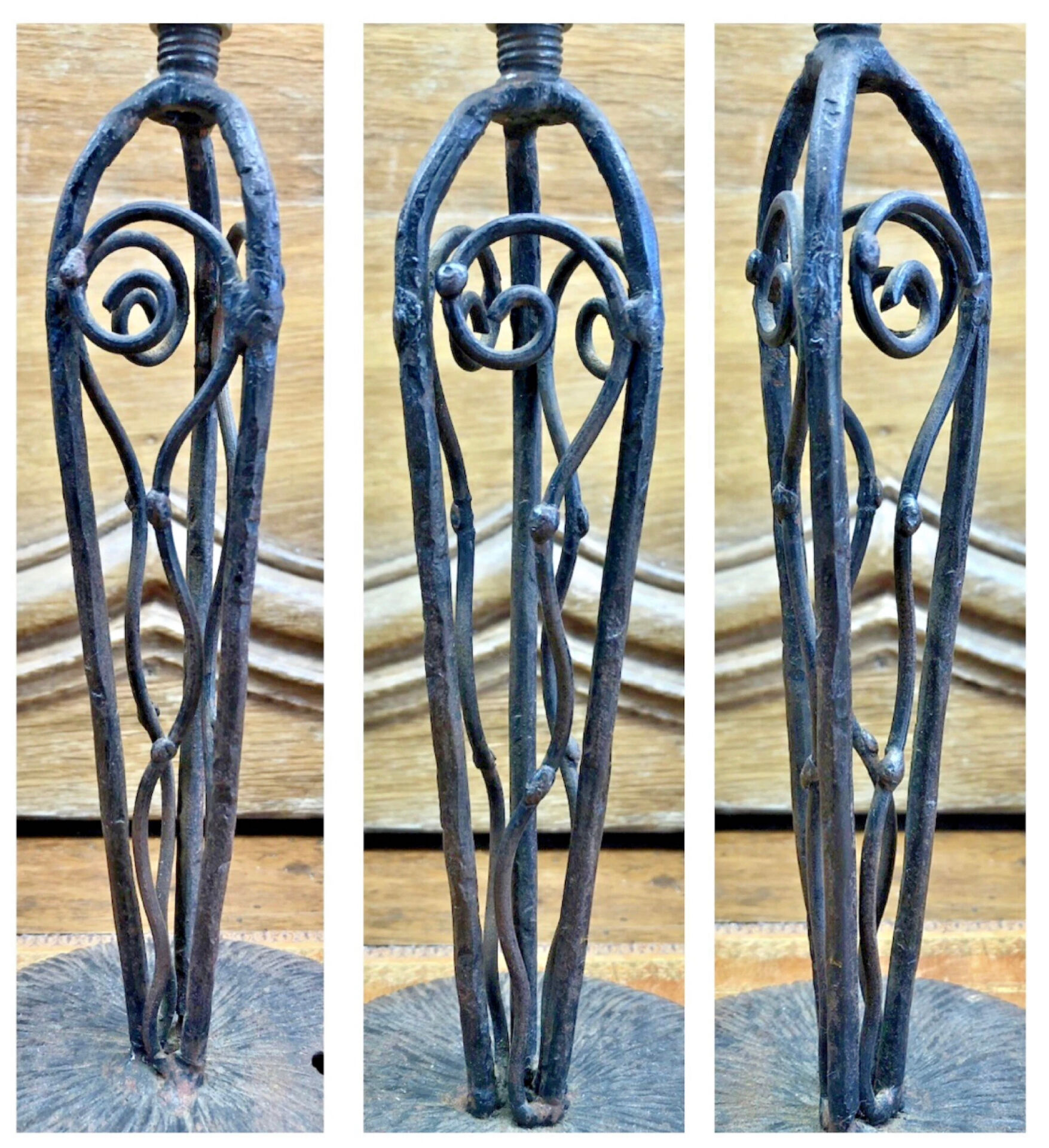 Antique Art Deco lamp from the 1930s, wrought iron with a blue basin in the Ezan style.