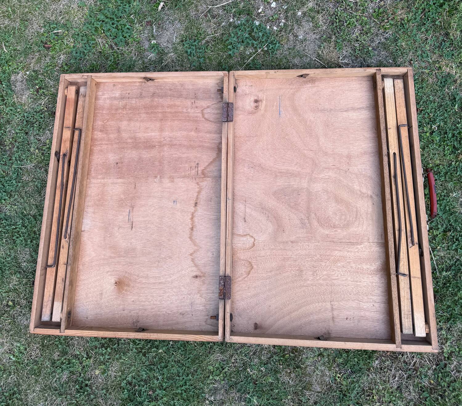 Old suitcase, table and stools, vintage wooden picnic