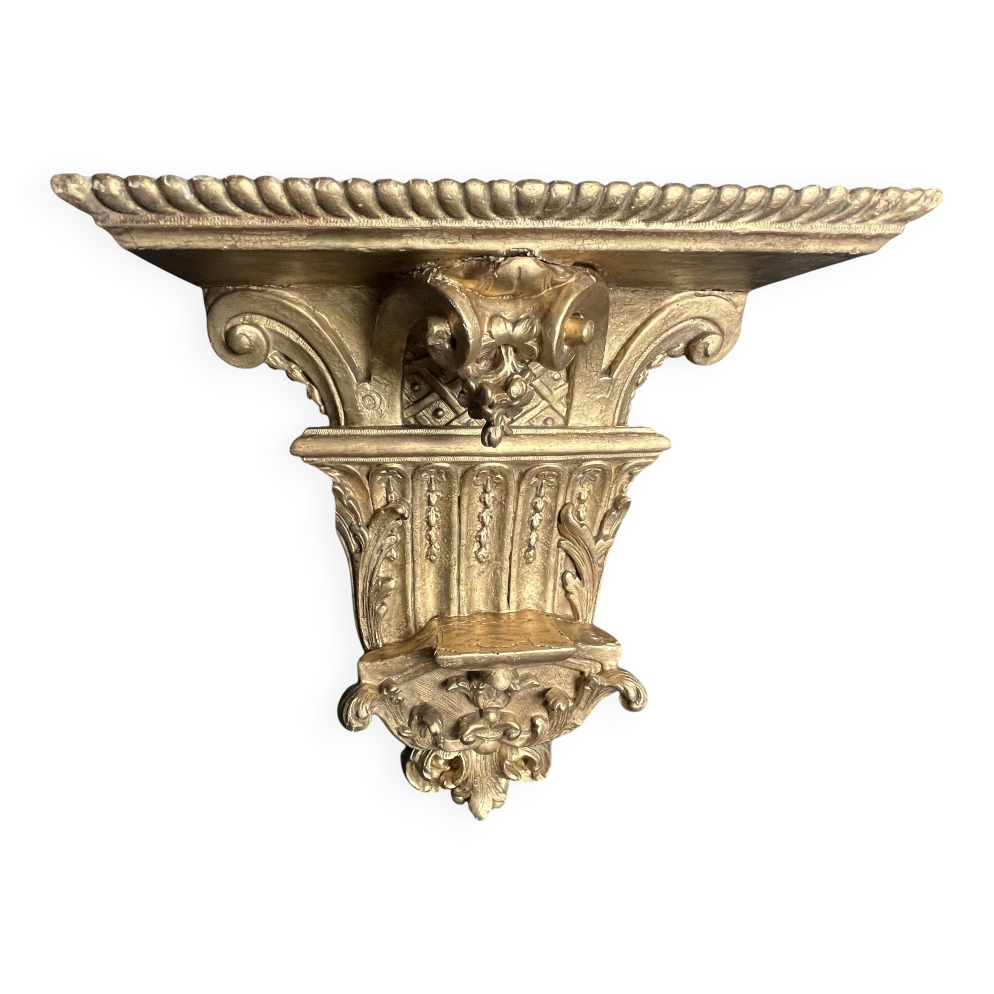 Church wall console shelf in carved gilded wood, 19th century.