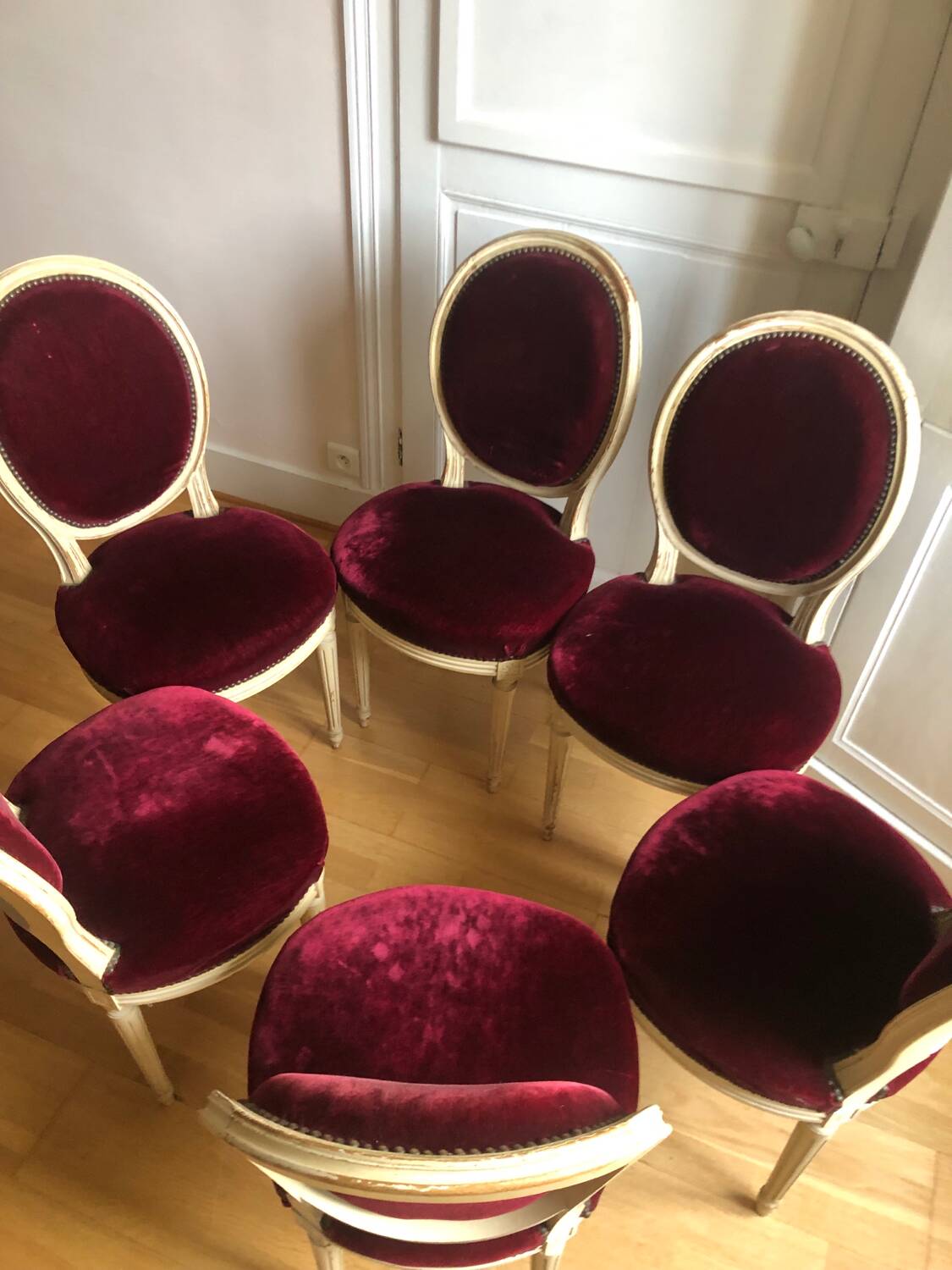 Lot of six Louis XVI chairs purple velvet patinated wood