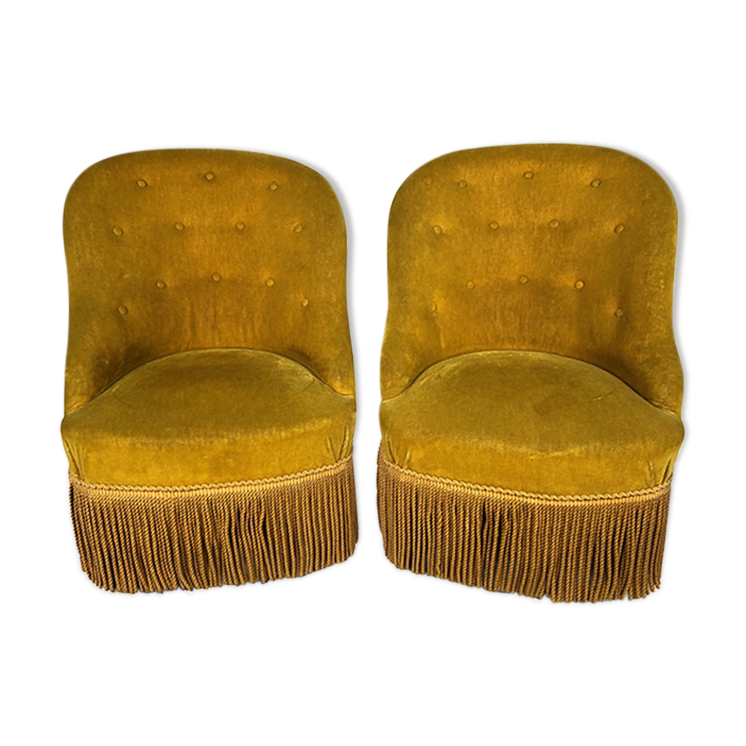 Paire de chauffeuses capitonnées velours jaune or