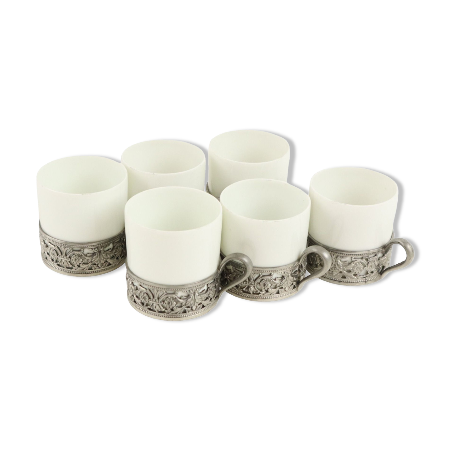 Vintage Set of 6 Pewter Cup Holders with Limoges Porcelain Cups