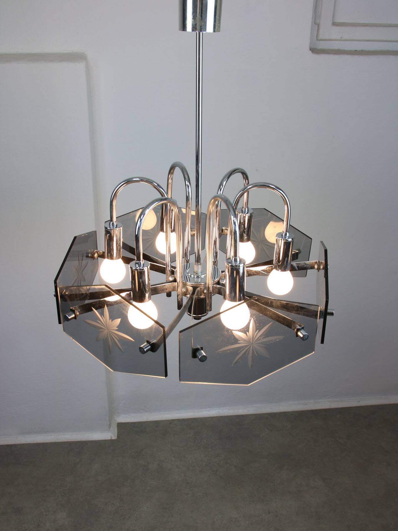 Vintage Italian Chrome and Glass Chandelier, 70s