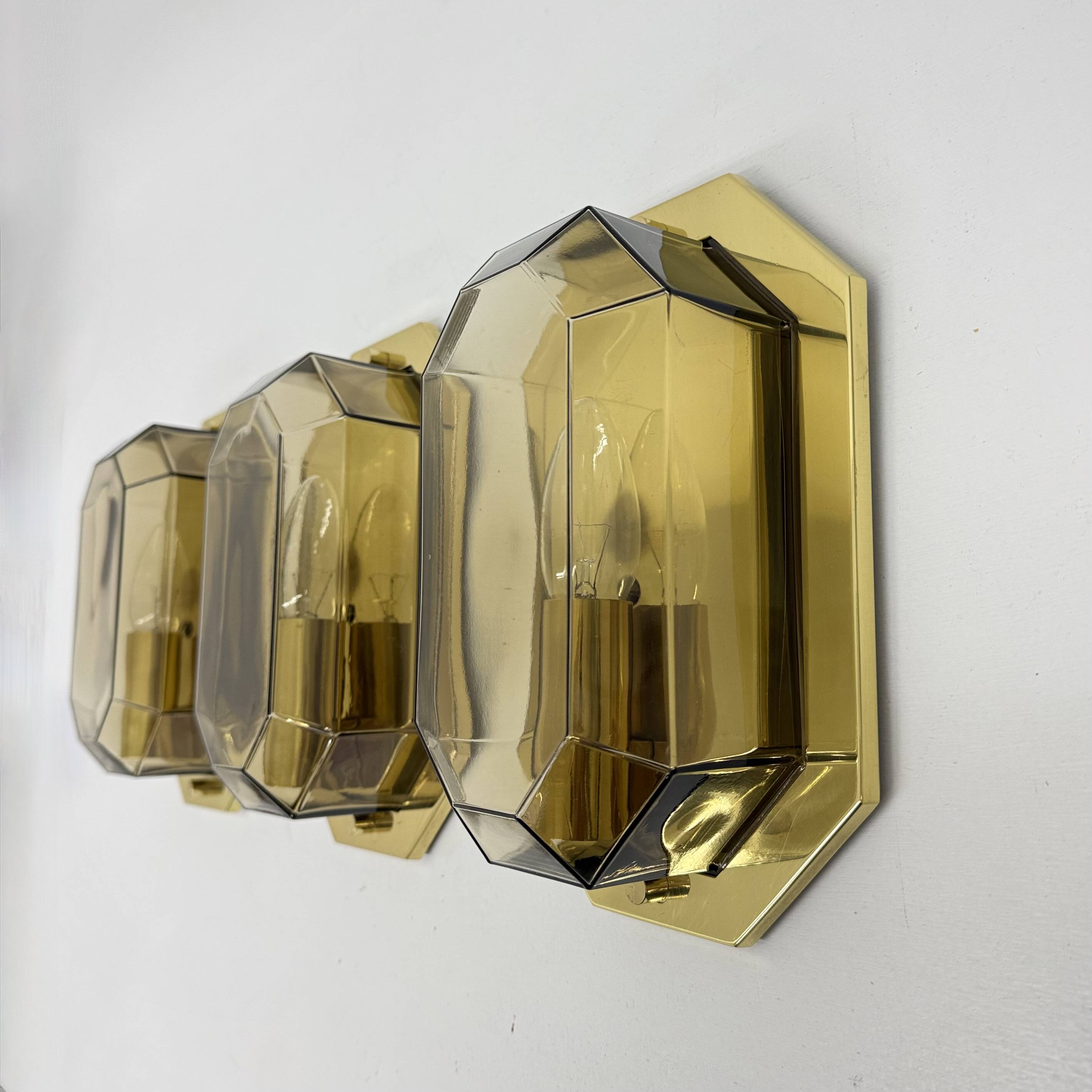 Set of 3 Limburg Glashütte smoked glass and brass wall lamps sconce , 1970s