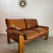Old 2-seater leather and walnut sofa design 70s Mobil Girgi Mario Marenco vintage Italy