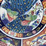 Large Chinese dish signed in Imari porcelain decorated with peacocks and flowers 1970 Vintage