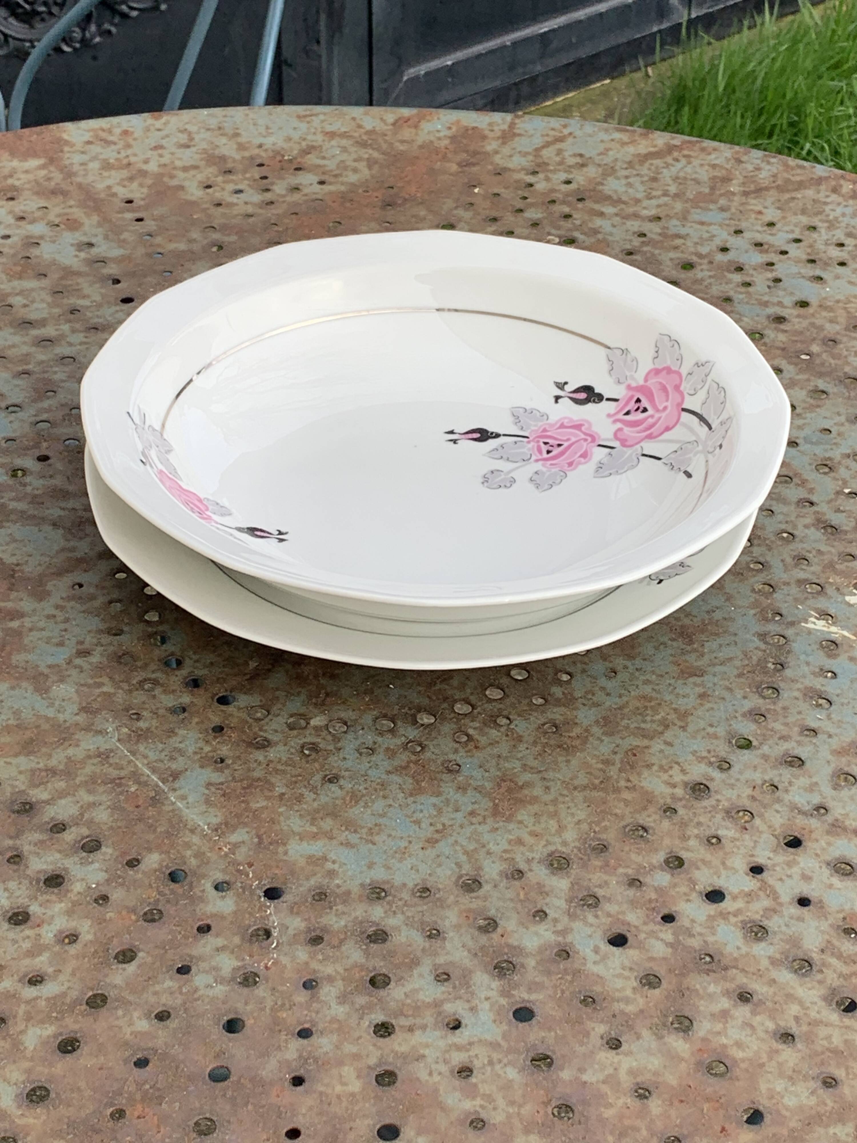 Set of two art deco porcelain dishes, limoges france, BRB, pink flowers