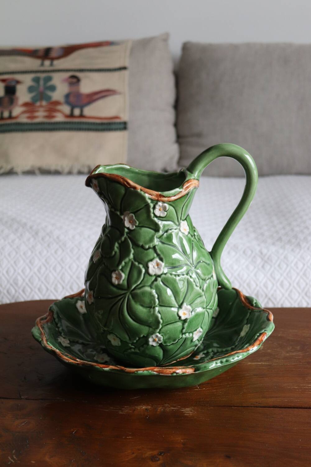 Pitcher and dish in strawberry leaf and flower slip