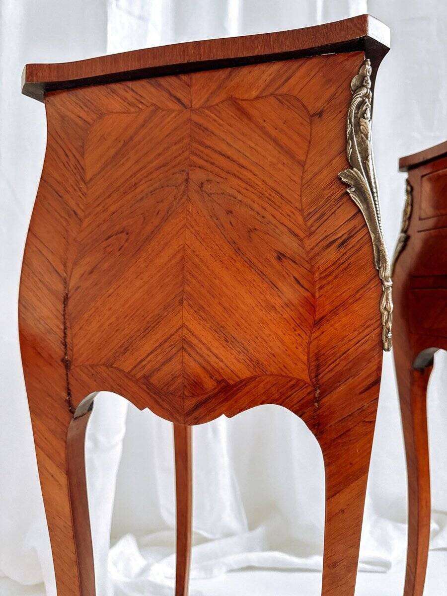 Louis XV French bedside tables with floral marquetry, 1940s, set of 2