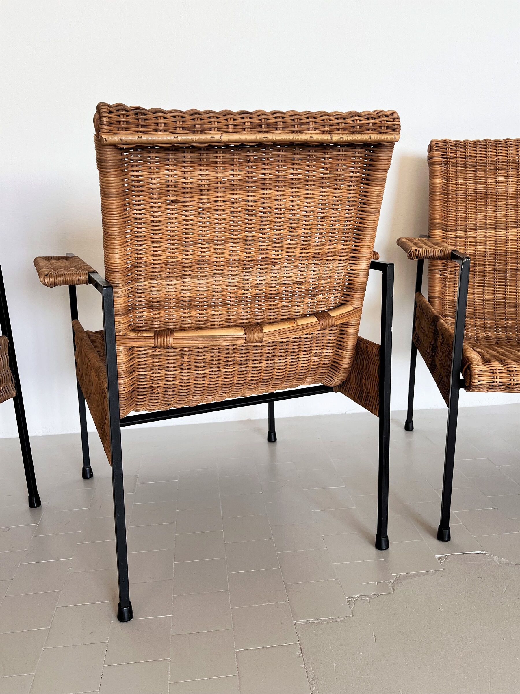 Rattan wicker and iron lounge chairs, set of 4