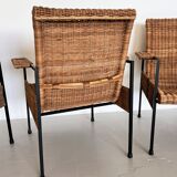 Rattan wicker and iron lounge chairs, set of 4