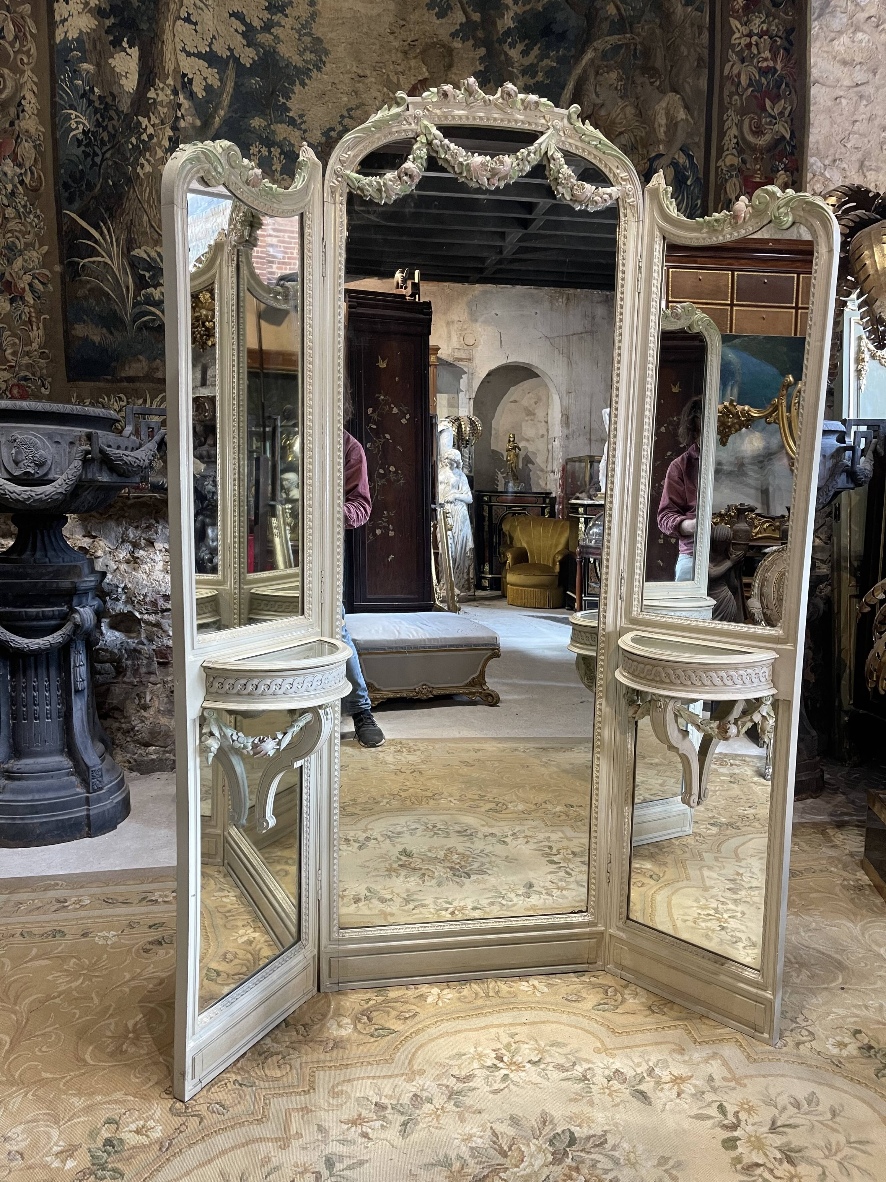 Mirror triptych style Louis XVI wooden rechampie cream XIX th century