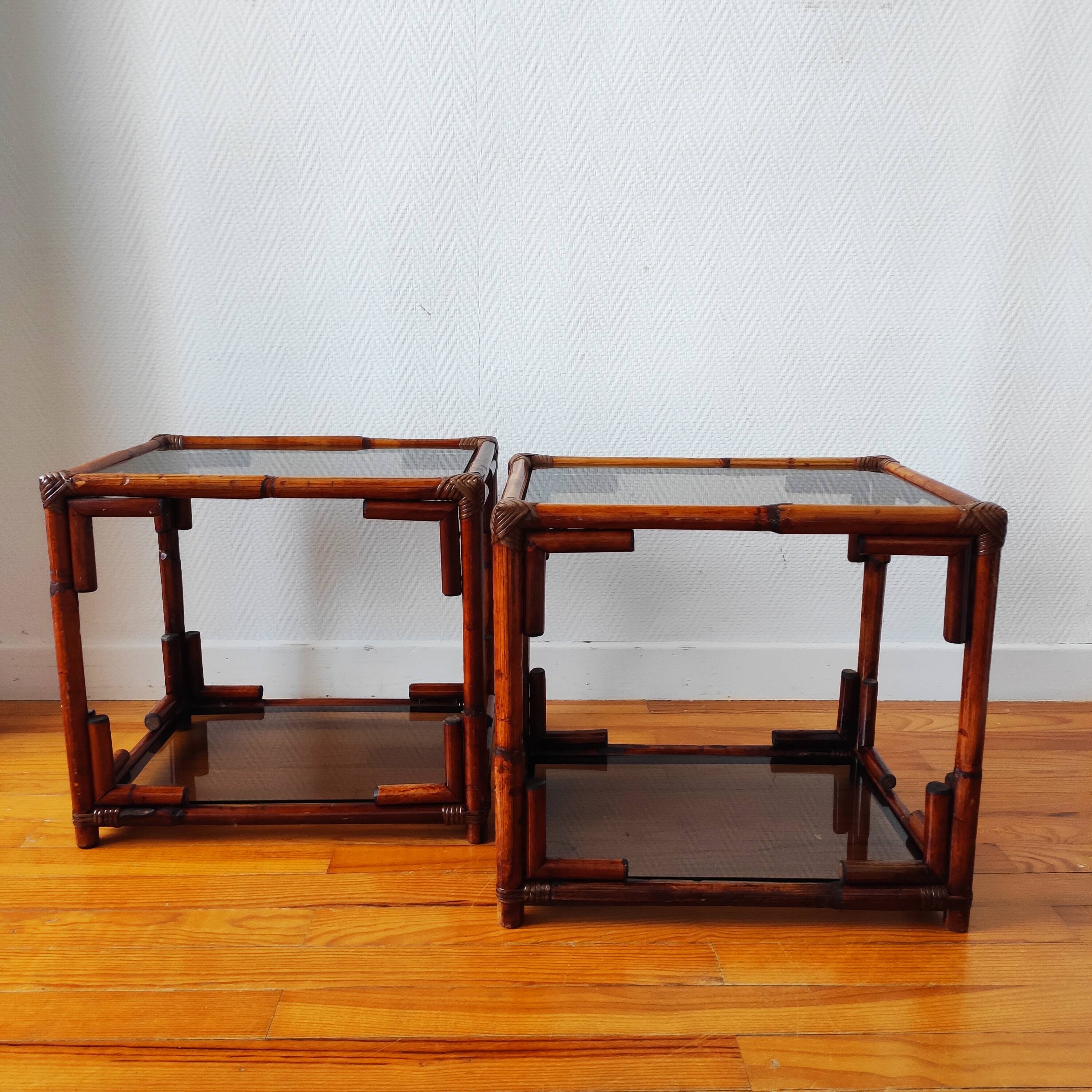 Pair of bedside tables - rattan smoked glass side tables vintage 70s-80s