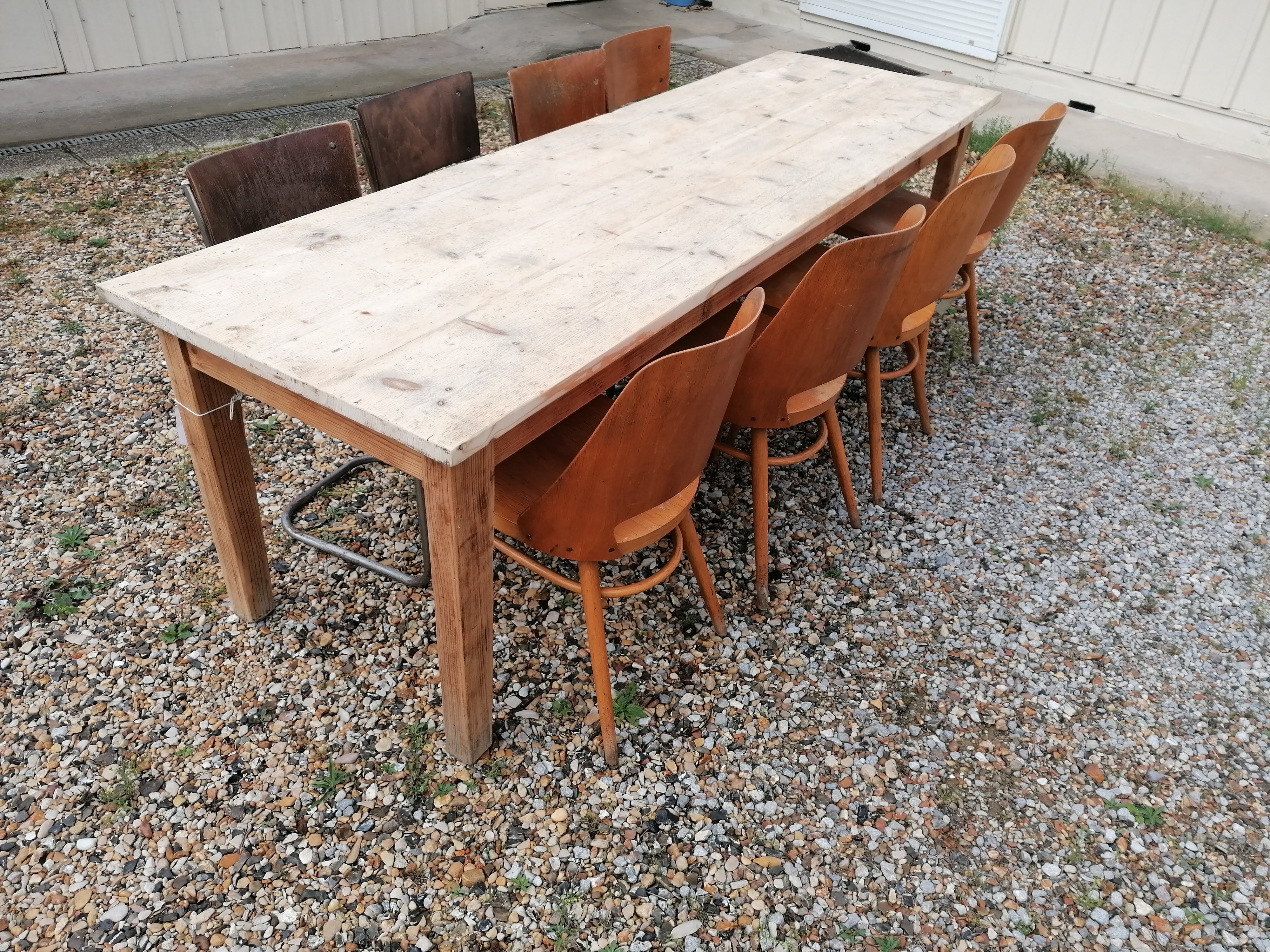 Large vintage wooden farmhouse table, 2.45m, 8 people