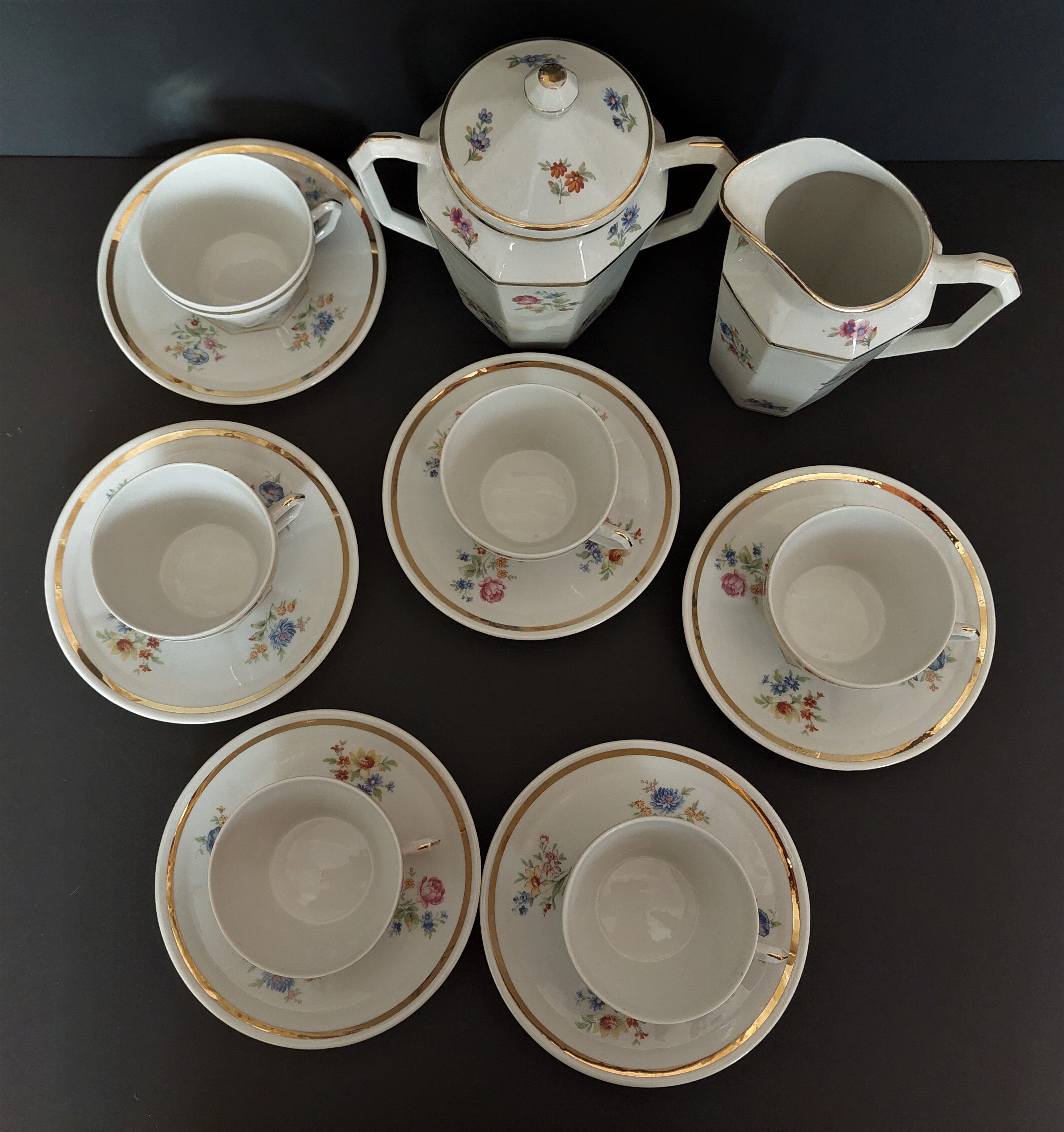 Tea set six cups Limoges porcelain floral decoration