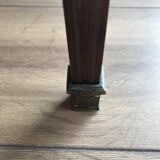 Glass-enclosed old tea table with wooden tray, bronze and brass