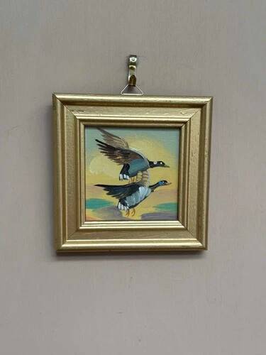Mid-Century Oil on Panel – “Birds” by Unknown, Vintage & Framed 11 × 11 cm