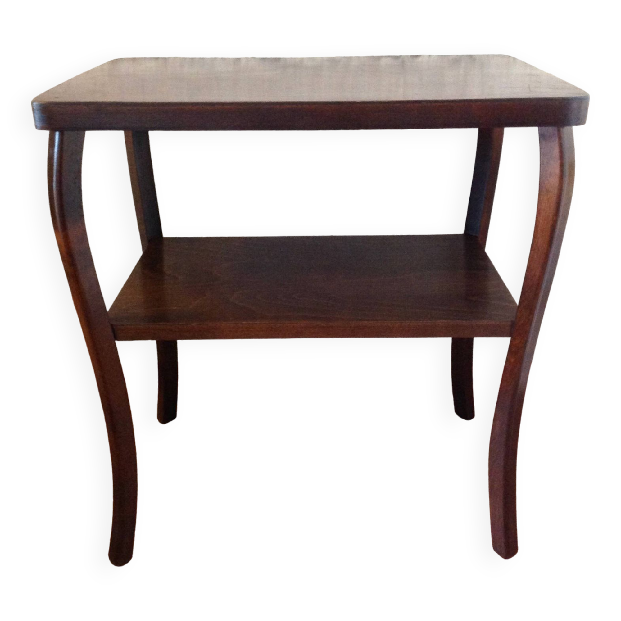 Varnished wooden stand with two shelves and curved legs / 50s-60s