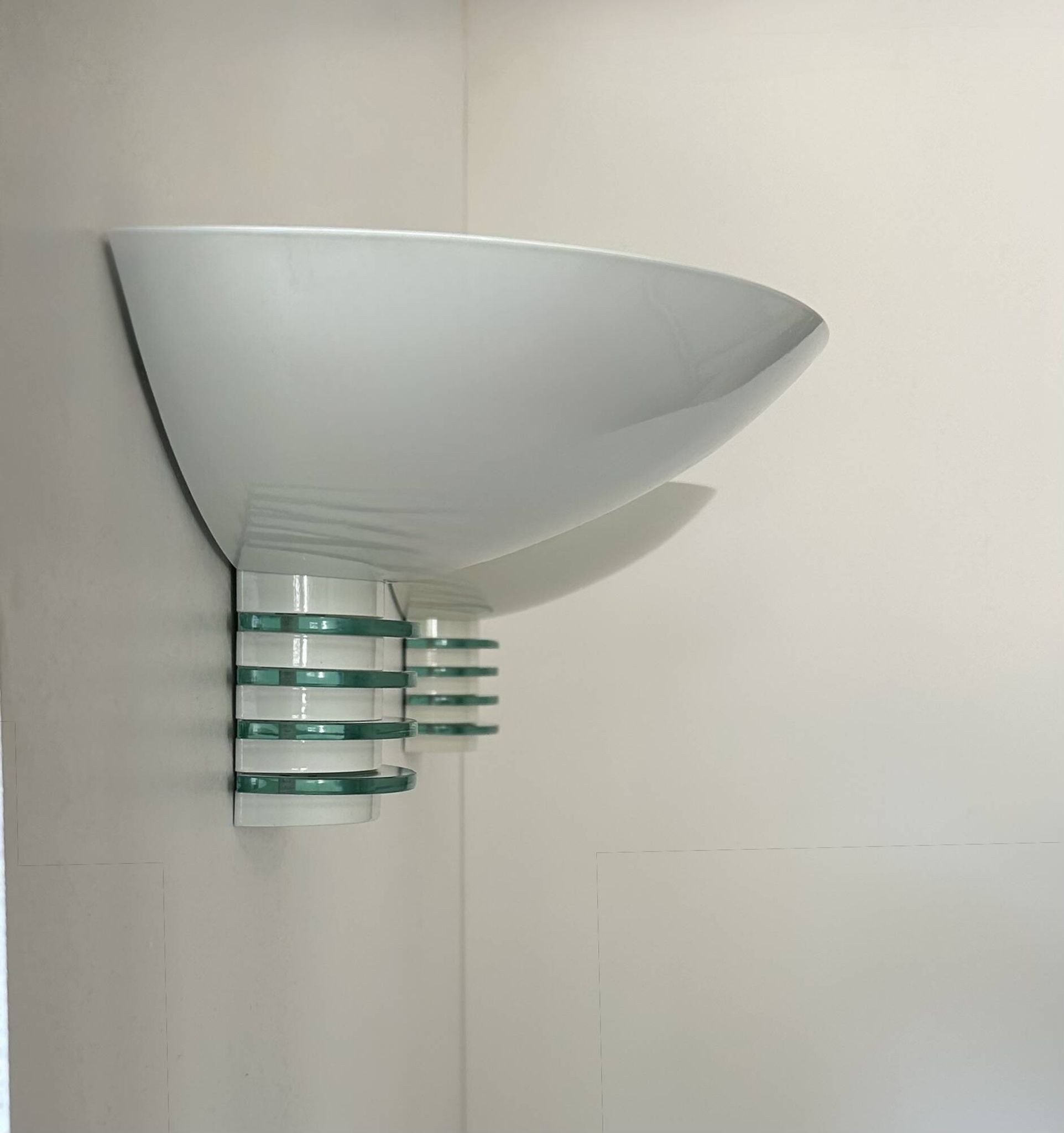 Pair of post-modernist wall lights, white metal and glass, France 1980
