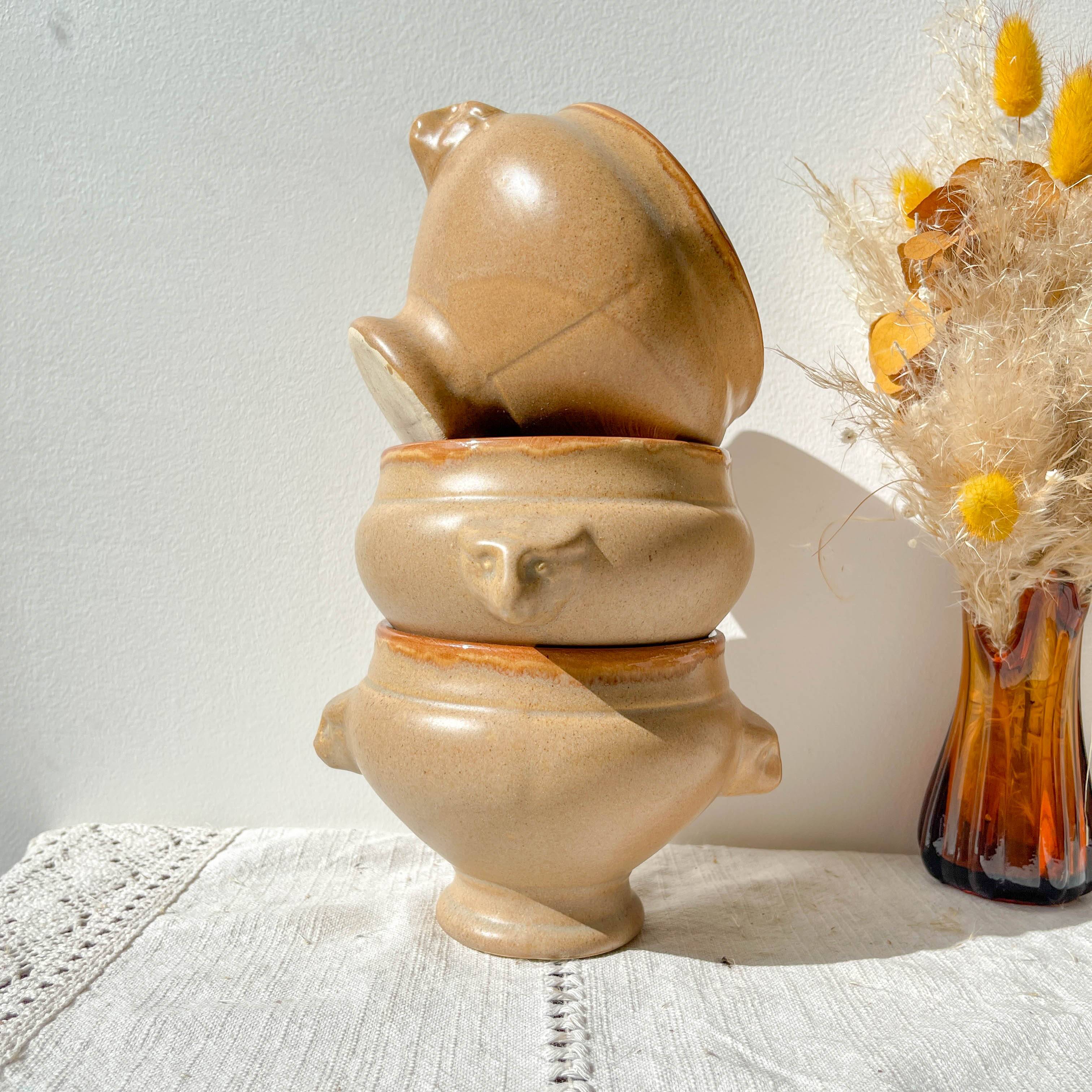 6 vintage Emile Henry ceramic lion head onion soup bowls - beige and honey, made in France