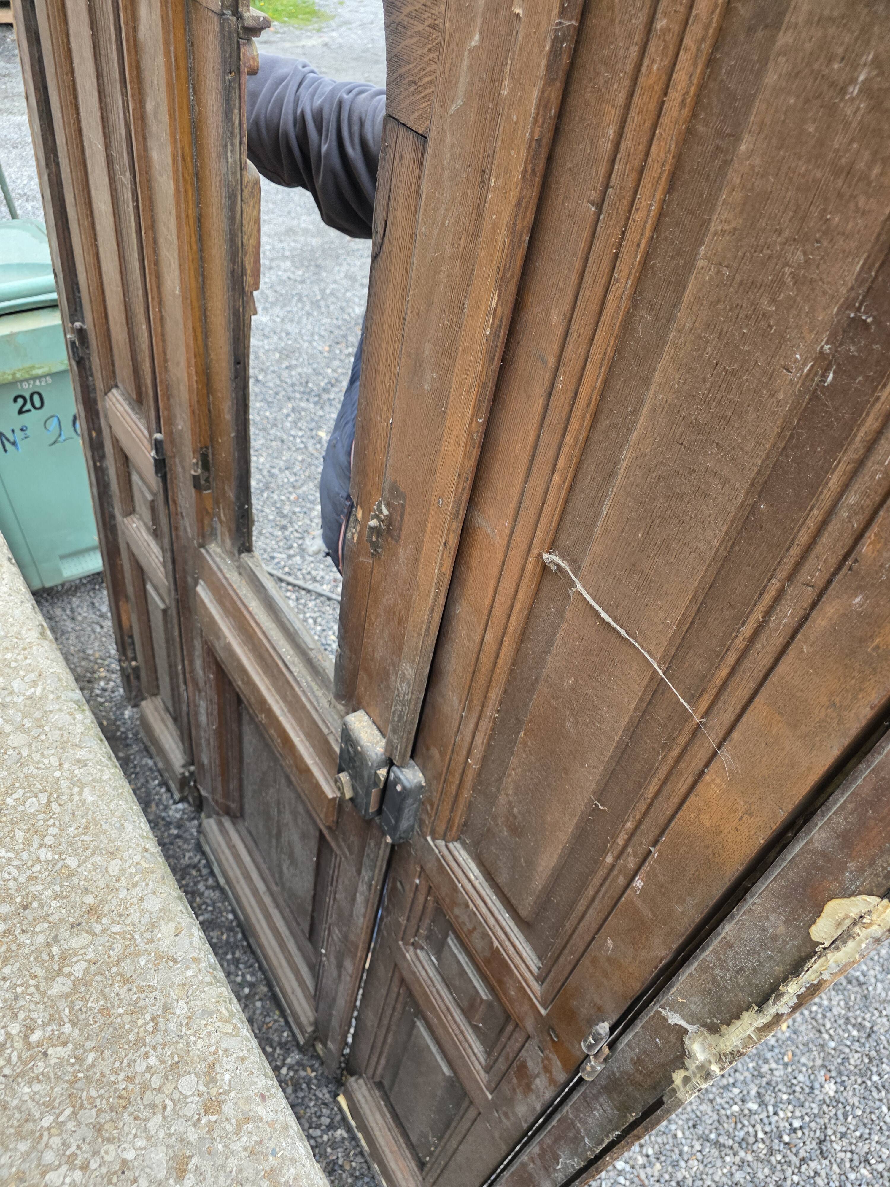 19th-century solid oak entrance door with three openings, including frame.