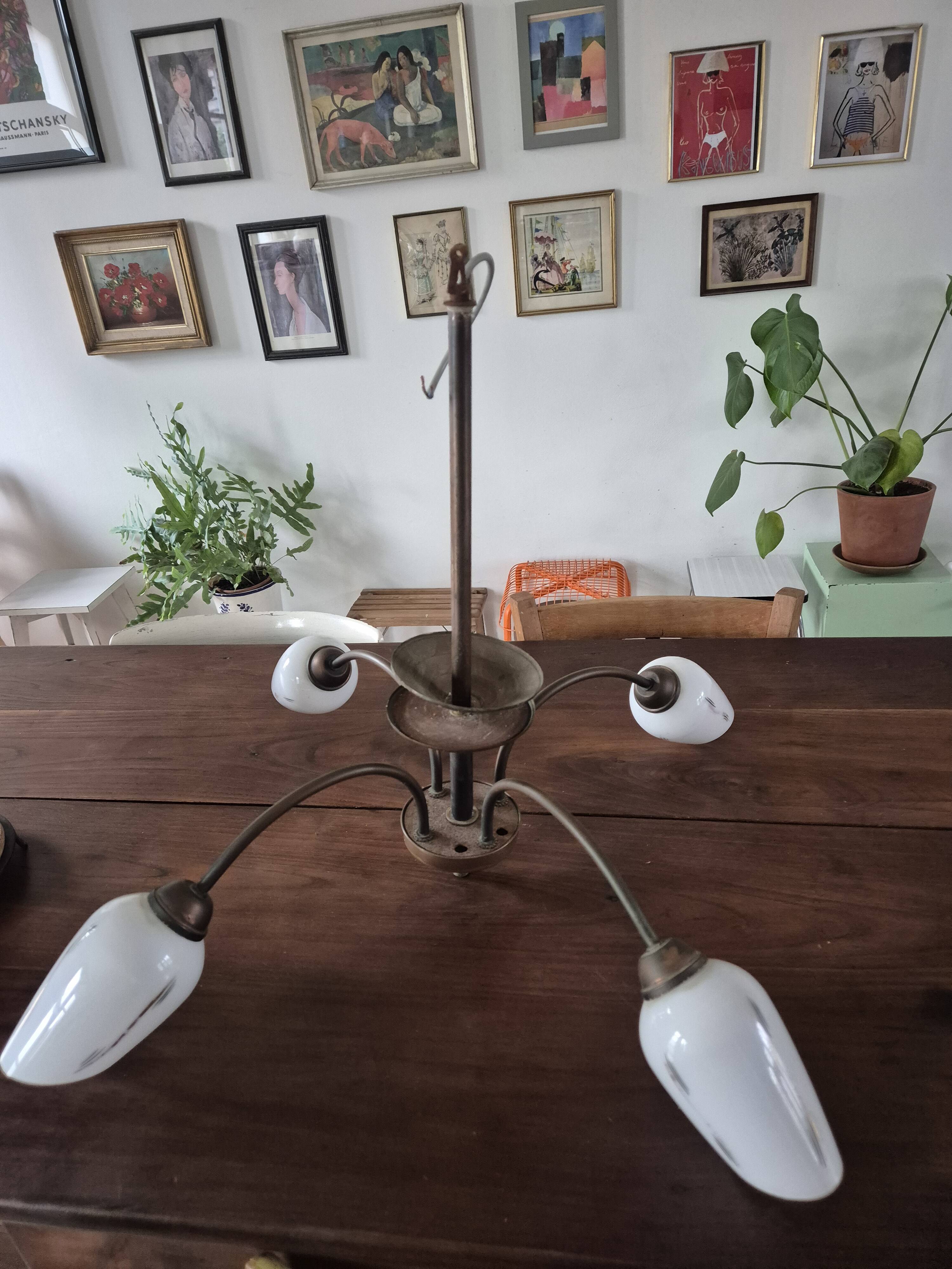vintage pendant light from the 50s, brass and metal, tulip diffuser