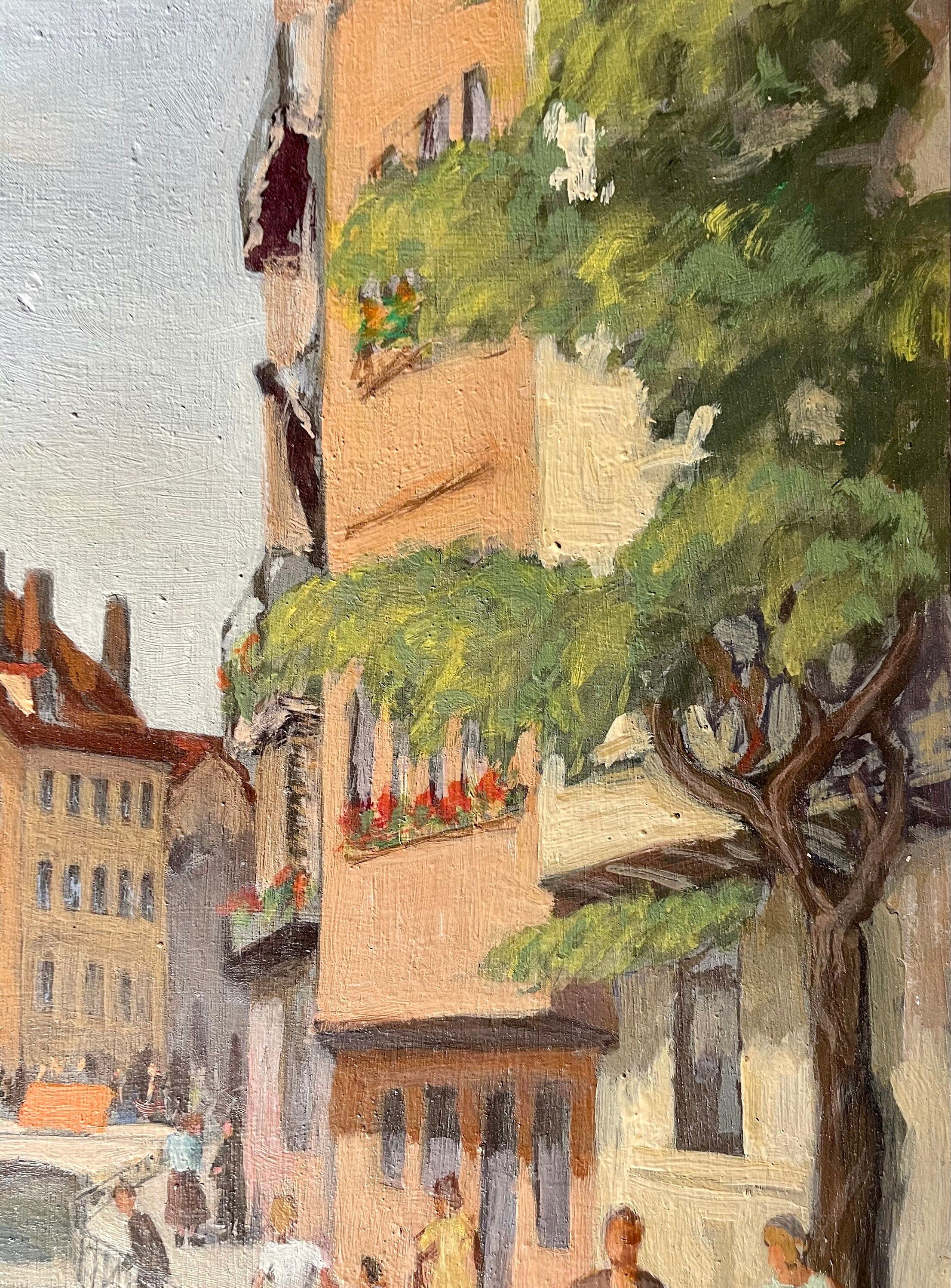 1940s French oil painting on wood. Cityscape