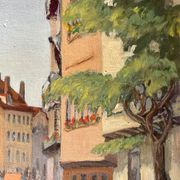 1940s French oil painting on wood. Cityscape