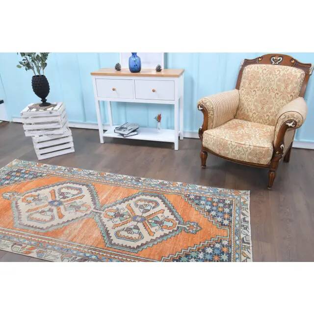 Vintage Turkish Oushak Handmade Wool Cotton Orange Runner Rug 116x250