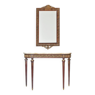 Console and its Louis XVI style mirror in mahogany with rich gilded brass decoration