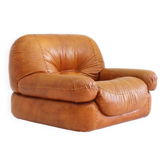 Fauteuil lounge italien en cuir cognac Sapporo pour Mobil Girgi 1970