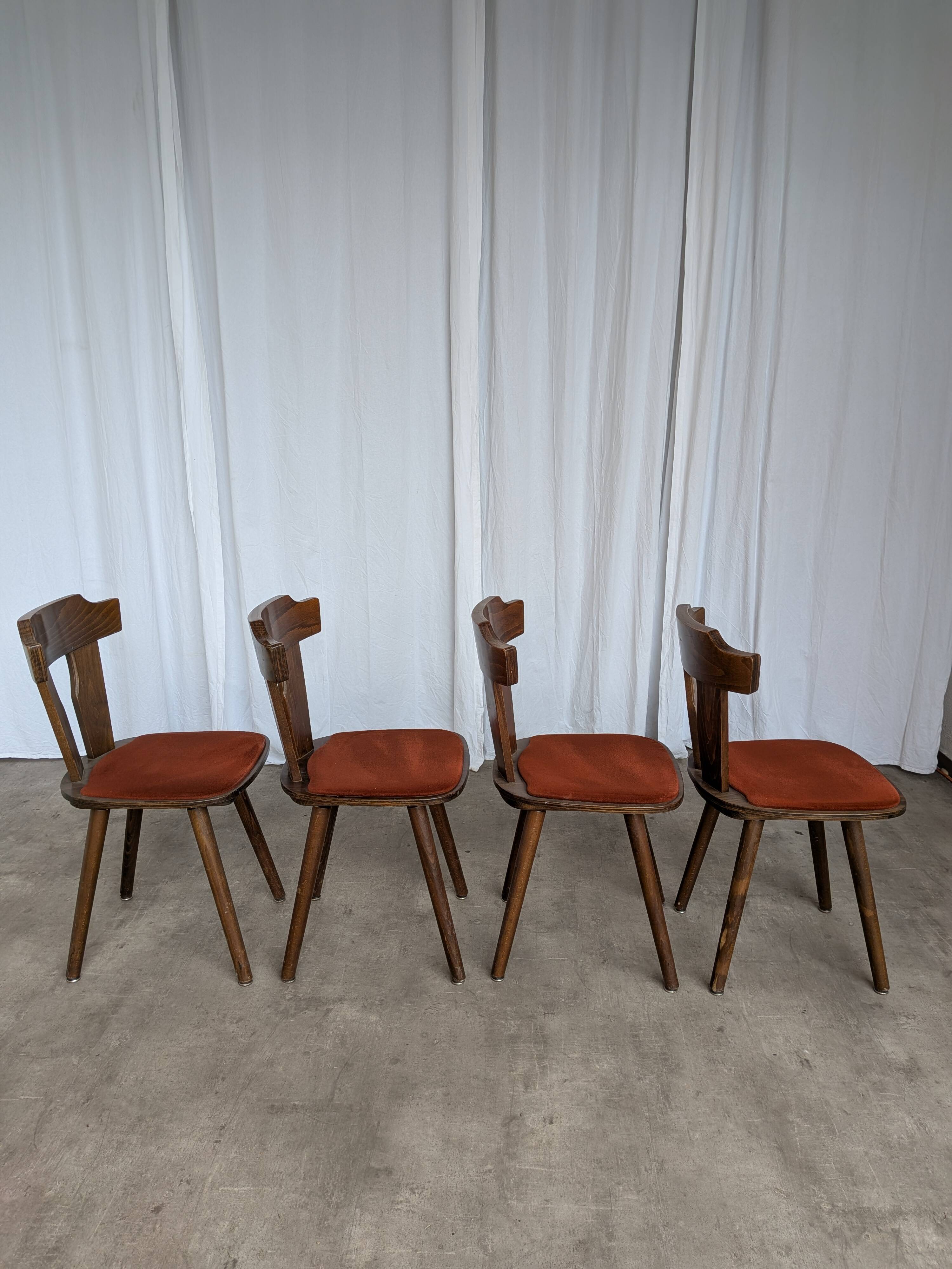 Vintage Tyrolean Dining Chairs: Set of 4, Red Fabric Seat, 1970s